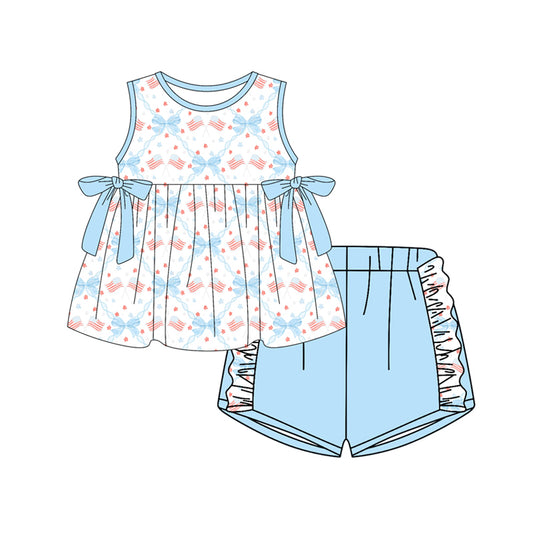 Preorder (moq 5)Baby Girls Bows Flags Checked Tunic Ruffle Shorts 4th of July Clothes Set