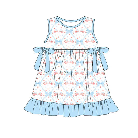 Preorder (moq 5)Baby Girls Bows Flags Checked 4th of July Ruffle Knee Length Dresses