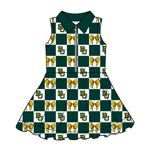 Preorder (moq 5)Baby Girls Green BU Bows Checked Zip Shorts Team Knee Length Dresses