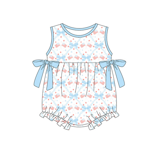 Preorder (moq 5)Baby Girls Sleeveless Bows Flags Checked 4th of July Ruffle Rompers