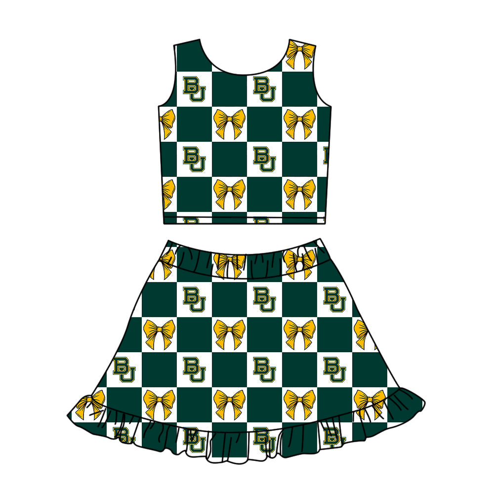 Preorder (moq 5)Baby Girls Green BU Bows Checked Vest Ruffle Skirt Short Team Clothes Sets