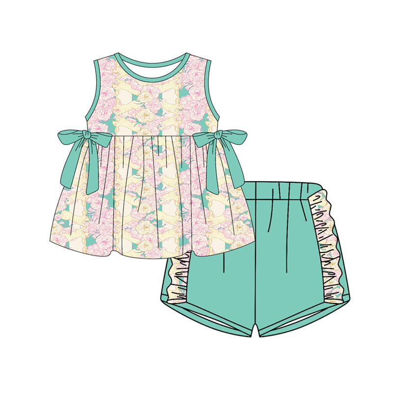 Preorder (moq 5)Baby Girls Rabbits Flowers Stripe Tunic Ruffle Shorts Easter Clothes Set