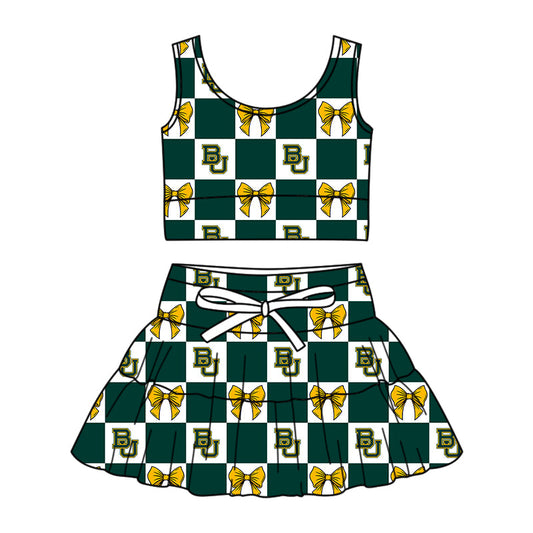 Preorder (moq 5)Baby Girls Green BU Bows Checked Vests Top Skirt Short Team Clothes Sets