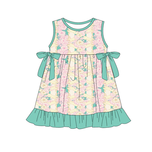 Preorder (moq 5)Baby Girls Rabbits Flowers Stripe Easter Ruffle Knee Length Dresses