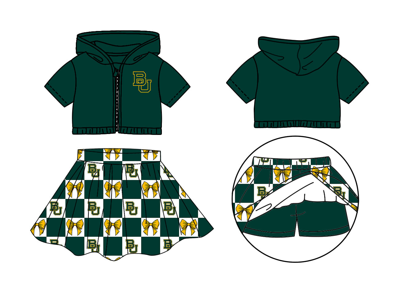 Preorder (moq 5)Baby Girls Green BU Bows Zip Hoodie Jackets Skirt Short Team Clothes Sets