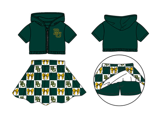 Preorder (moq 5)Baby Girls Green BU Bows Zip Hoodie Jackets Skirt Short Team Clothes Sets
