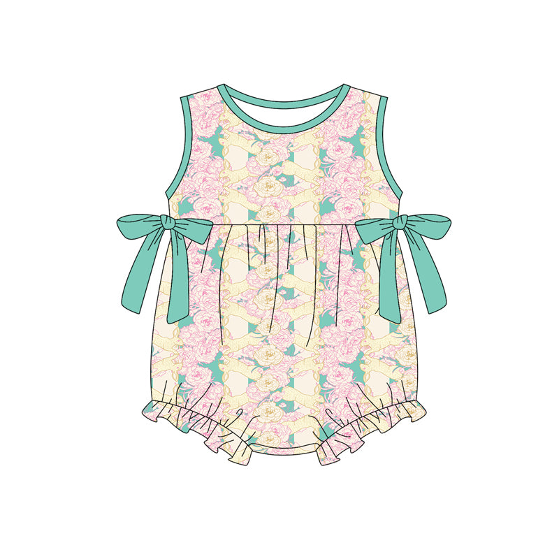 Preorder (moq 5)Baby Girls Flowers Rabbits Stripe Easter Ruffle Rompers