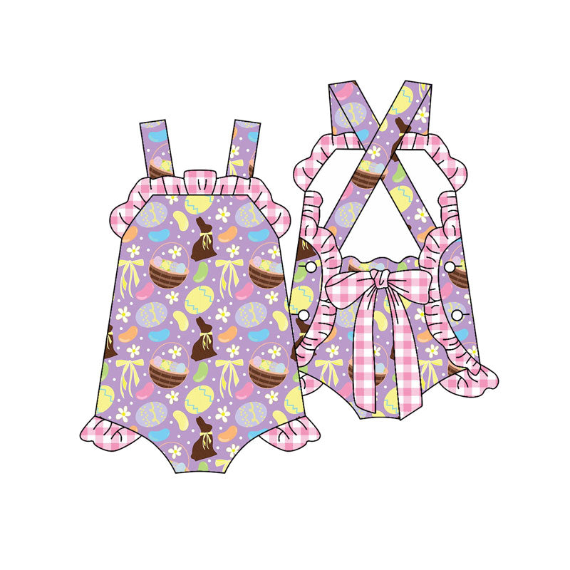 Preorder (moq 5)Baby Girls Strap Rabbits Eggs Back Bows Easter Ruffle Rompers