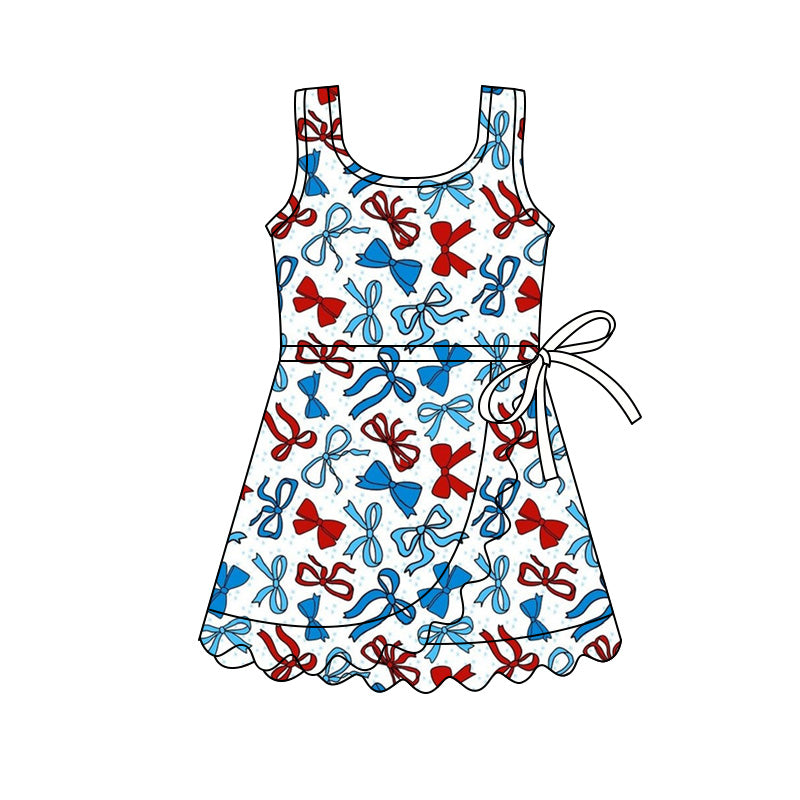 Preorder (moq 5)Baby Girls Red Blue Bows 4th of July Shorts Scallop Knee Length Dress