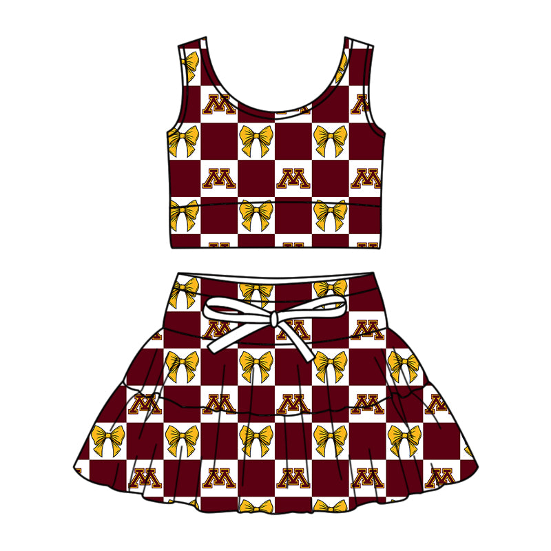 Preorder (moq 5)Baby Girls Red M Bows Checked Vests Skirt Shorts Team Clothes Sets
