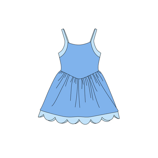 Preorder (moq 5)Baby Girls Strap Blue Scallop Shorts Knee Length Dresses