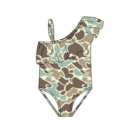 Preorder (moq 5)Baby Girls One Shoulder Southern Khaki Camo Swimsuits