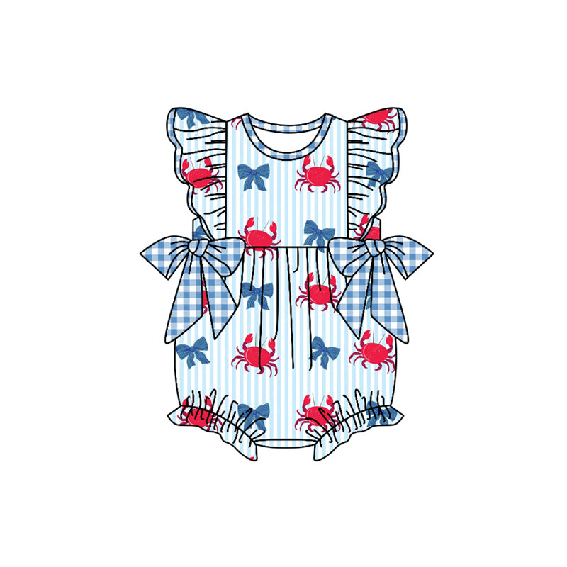 preorder(moq 5) Baby Girls Flutter Sleeve Crabs Bows Stripe 4th of July Ruffle Rompers