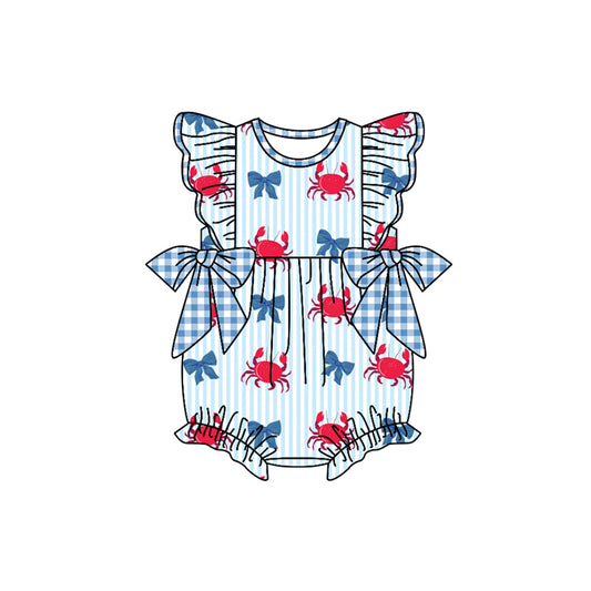 preorder(moq 5) Baby Girls Flutter Sleeve Crabs Bows Stripe 4th of July Ruffle Rompers