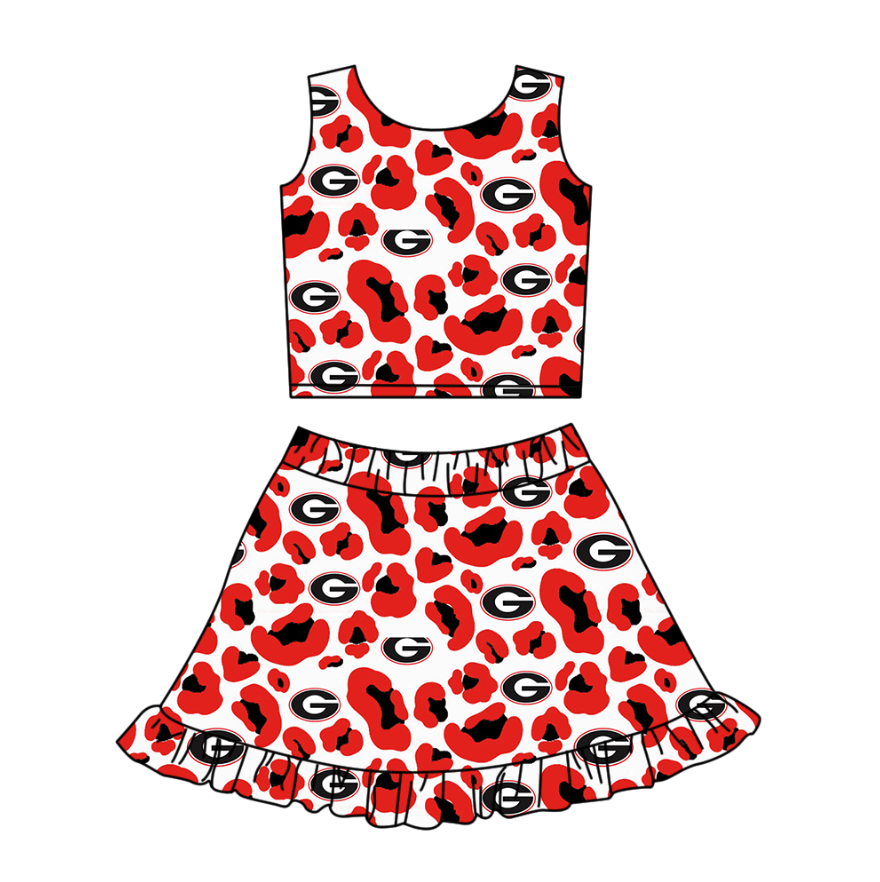 Preorder (moq 5)Baby Girls Red Leopard G Vests Ruffle Skirt Shorts Team Clothes Set
