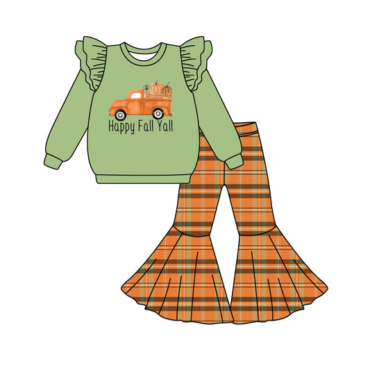 Baby Girls Happy Fall Yall Shirt Top Bell Pants Clothes Sets Preorder(moq 5)