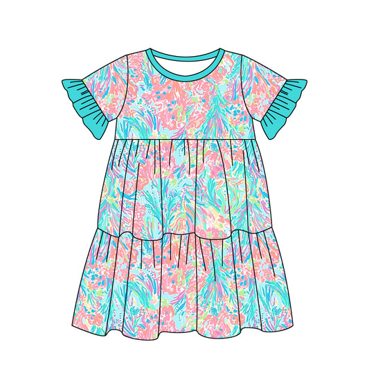 Baby Girls Short Sleeve Blue Flowers Knee Length Dresses preorder(moq 5)