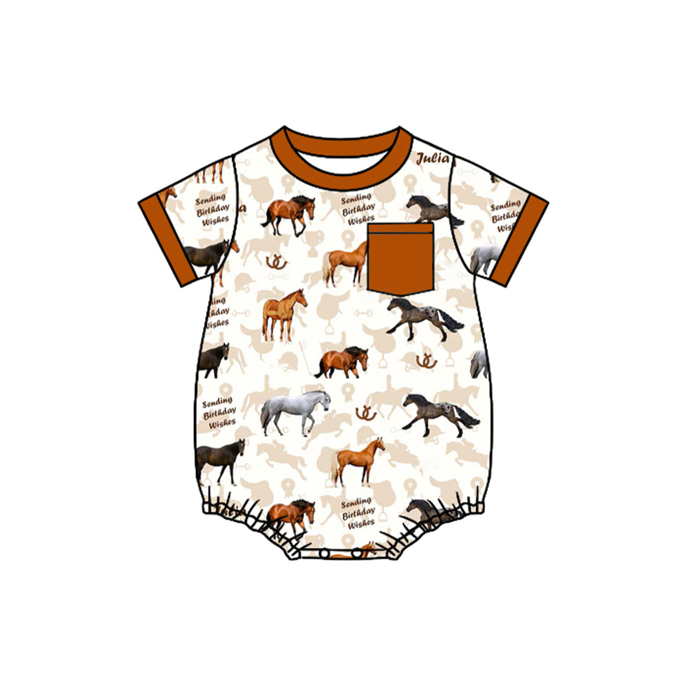 Baby Boys Brown Western Birthday Horse Pocket Short Sleeve Rompers preorder(moq 5)