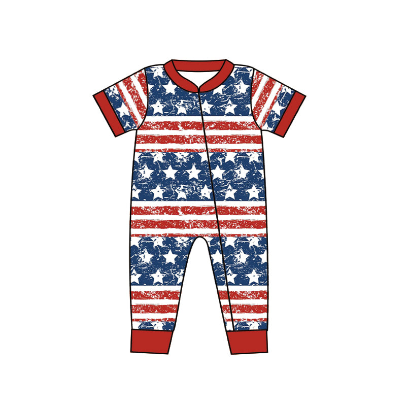 Baby Infant Boys 4th Of July Stars Short Sleeve Zip Rompers preorder(moq 5)