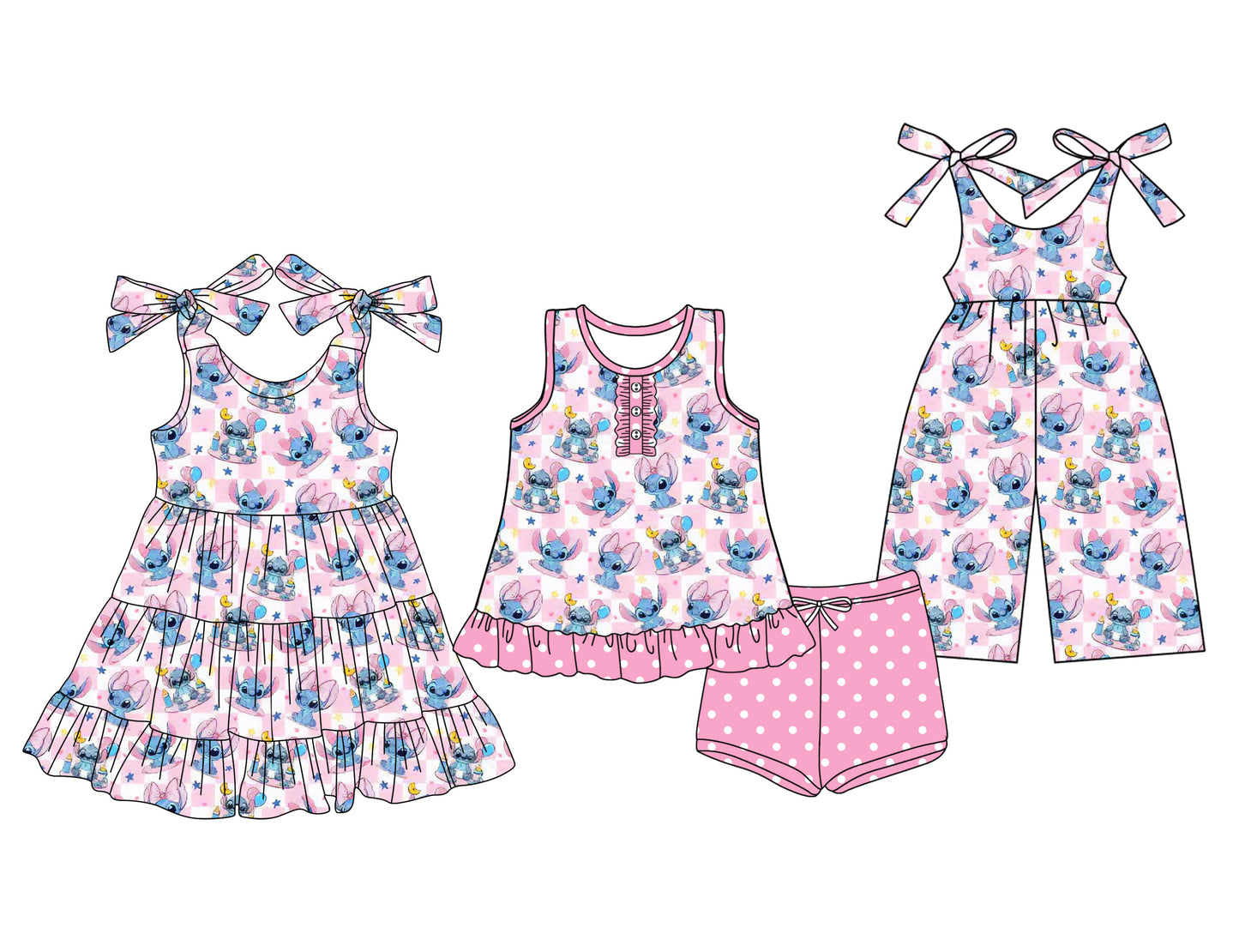 Preorder moq 5 Custom Baby Girls Pink Cartoon Bunny Button Tunic Polka Dots Short Set Knee Length Dress Jumpsuits
