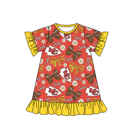 Preorder (moq 5)Baby Girls KC Chief Bows Flowers Knee Length Dresses