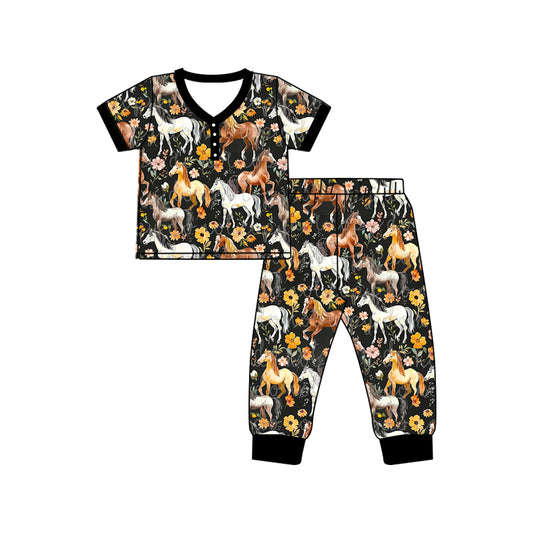 Preorder (moq 5)Baby Girls Western Horse Flowers Shirt Top Pants Pajamas