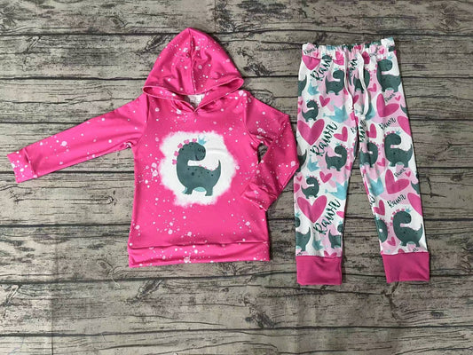 Baby Girls Valentines Pink Hearts Dinosaurs Hooded Top Pants Clothes Sets