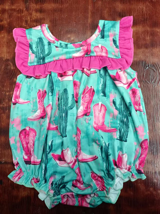 Preorder moq 5 Baby Girls Sleeveless Pink Boots Cactus Ruffle Rompers