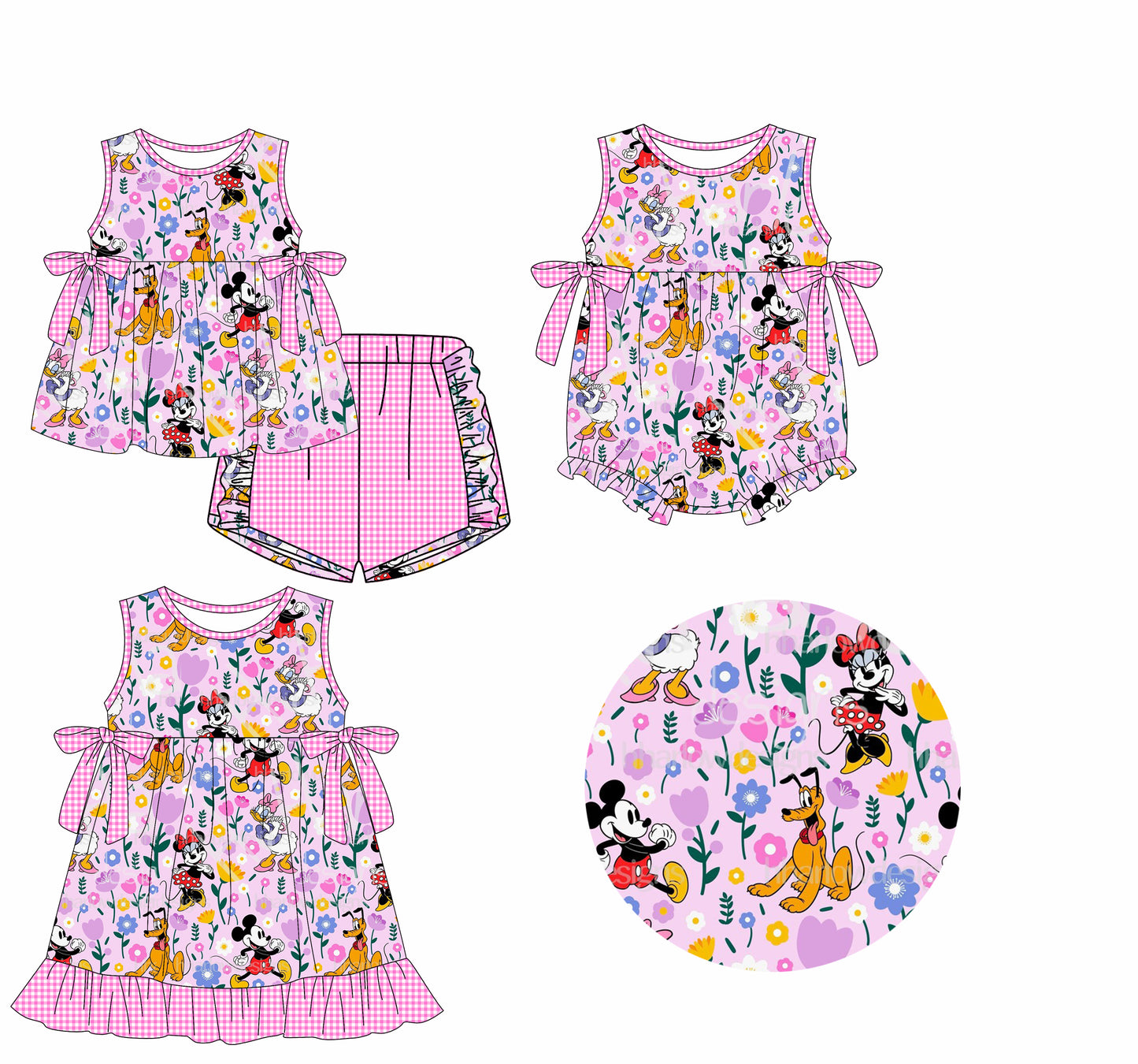 Preorder moq 5 Custom Baby Girls Lavender Sleeveless Cartoon Mouses Tunic Plaid Ruffle Short Set Knee Length Dress Rompers