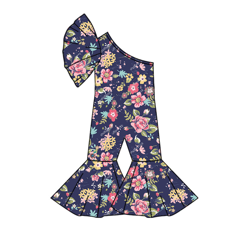 Baby Girls Navy Pink Flowers One Shoulder Jumpsuits preorder(MOQ 5)