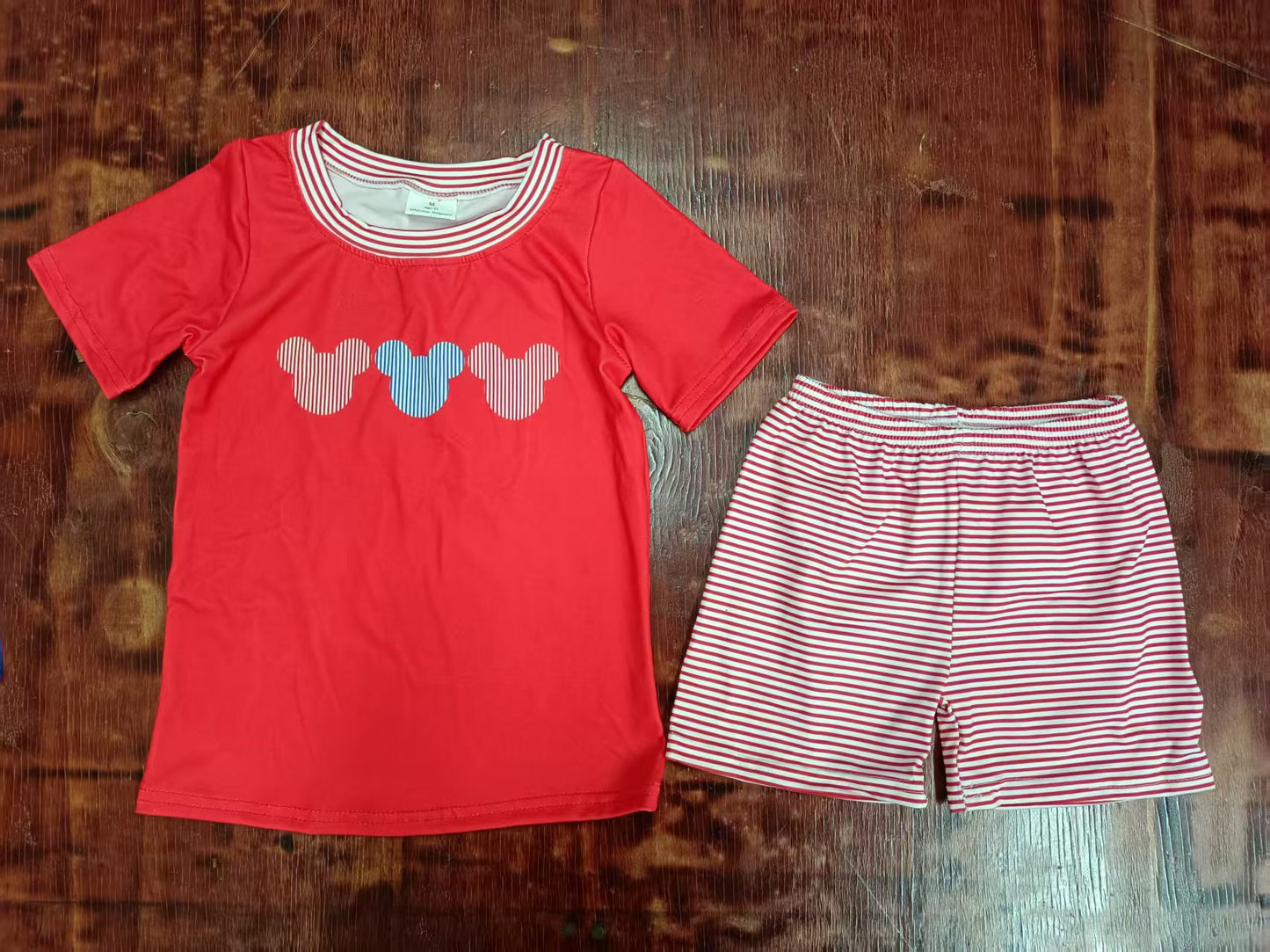 Preorder moq 5 Baby Boys Red Short Sleeves Cartoon Mouse Top Red Stripe Short Set