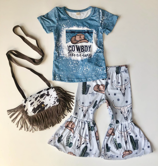 Baby Girls Cowboy Hats Shirt Top Bell Bottom Pants Clothing Sets Preorder(moq 5)