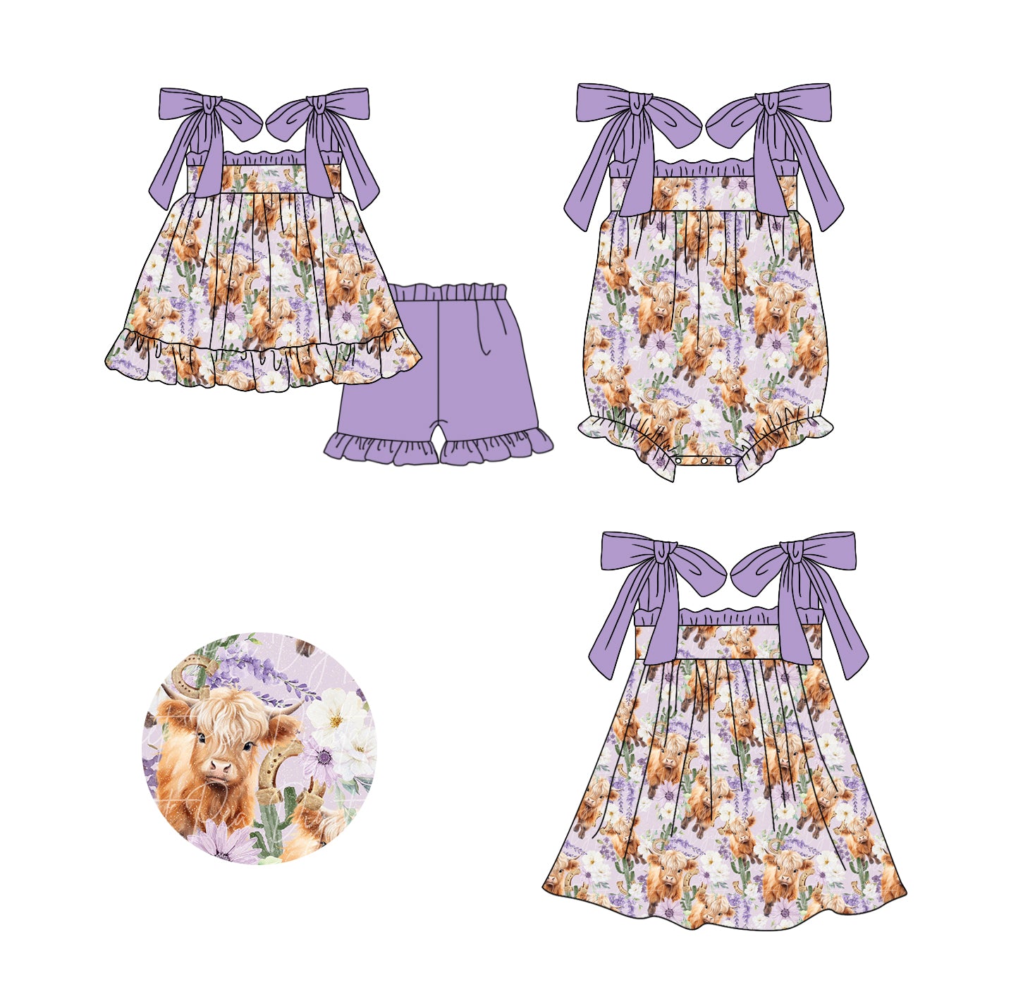 Preorder(moq 5 each)Sibling Baby Girls Purple Western Highland Cow Straps Romper Dress Shorts Sets