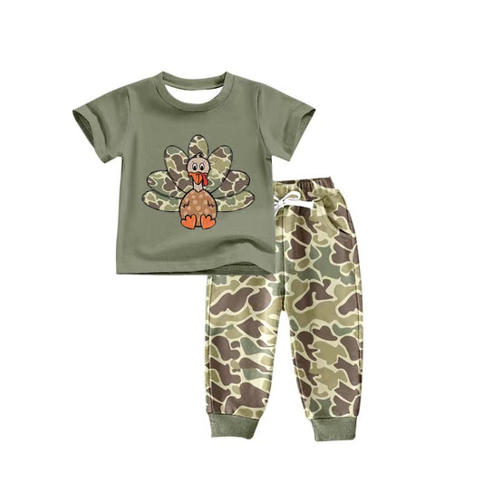 Preorder(moq 5) Baby Boys Green Thanksgiving Turky camo Top Pants Outfits Sets