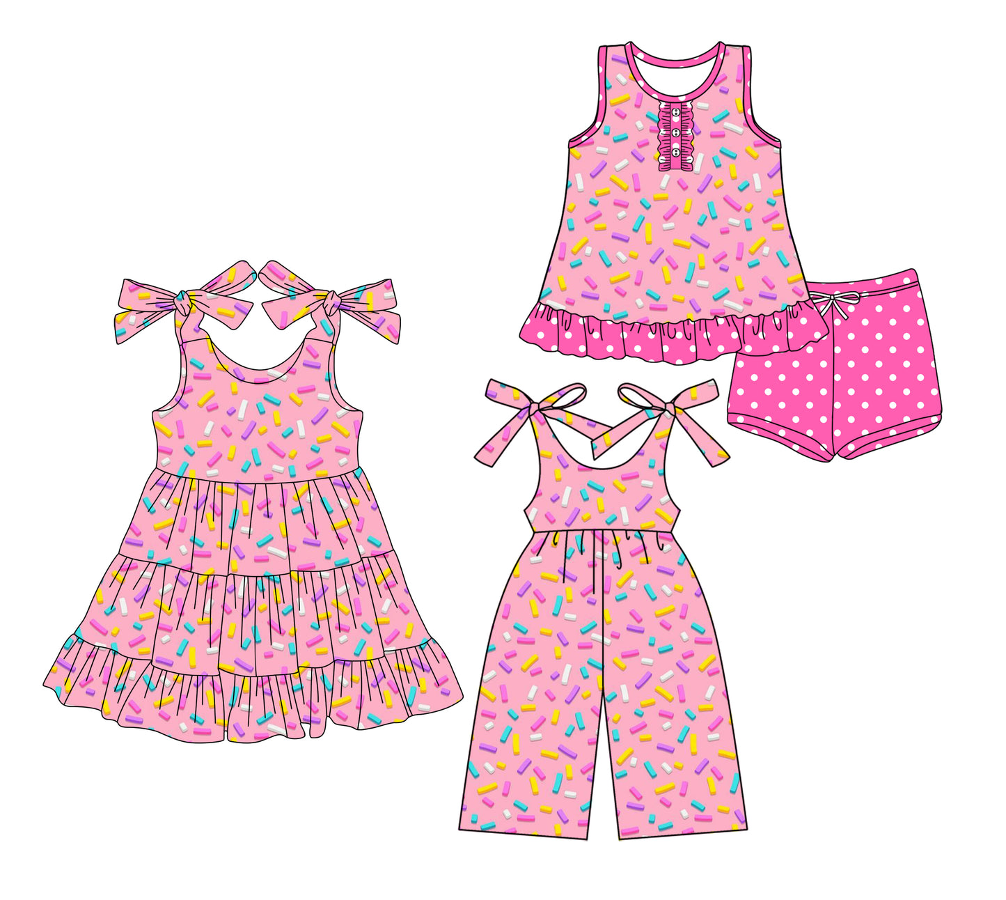 Preorder moq 5 Custom Baby Girls Hot Pink Team Button Tunic Polka Dots Short Set Knee Length Dress Jumpsuits