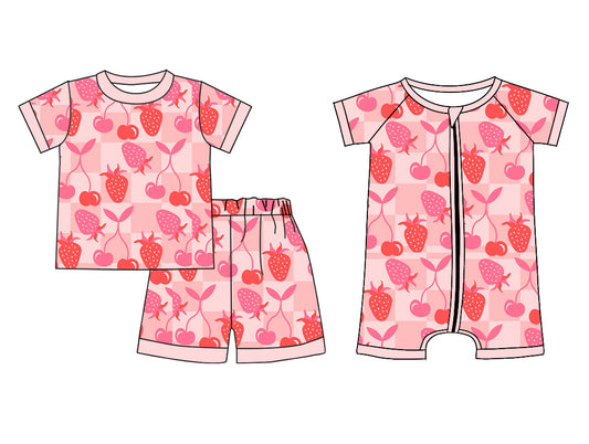 Preorder(moq 5 each)Sibling Baby Girls Strawberry Cherry Top Shorts Pajamas Rompers Clothes Sets