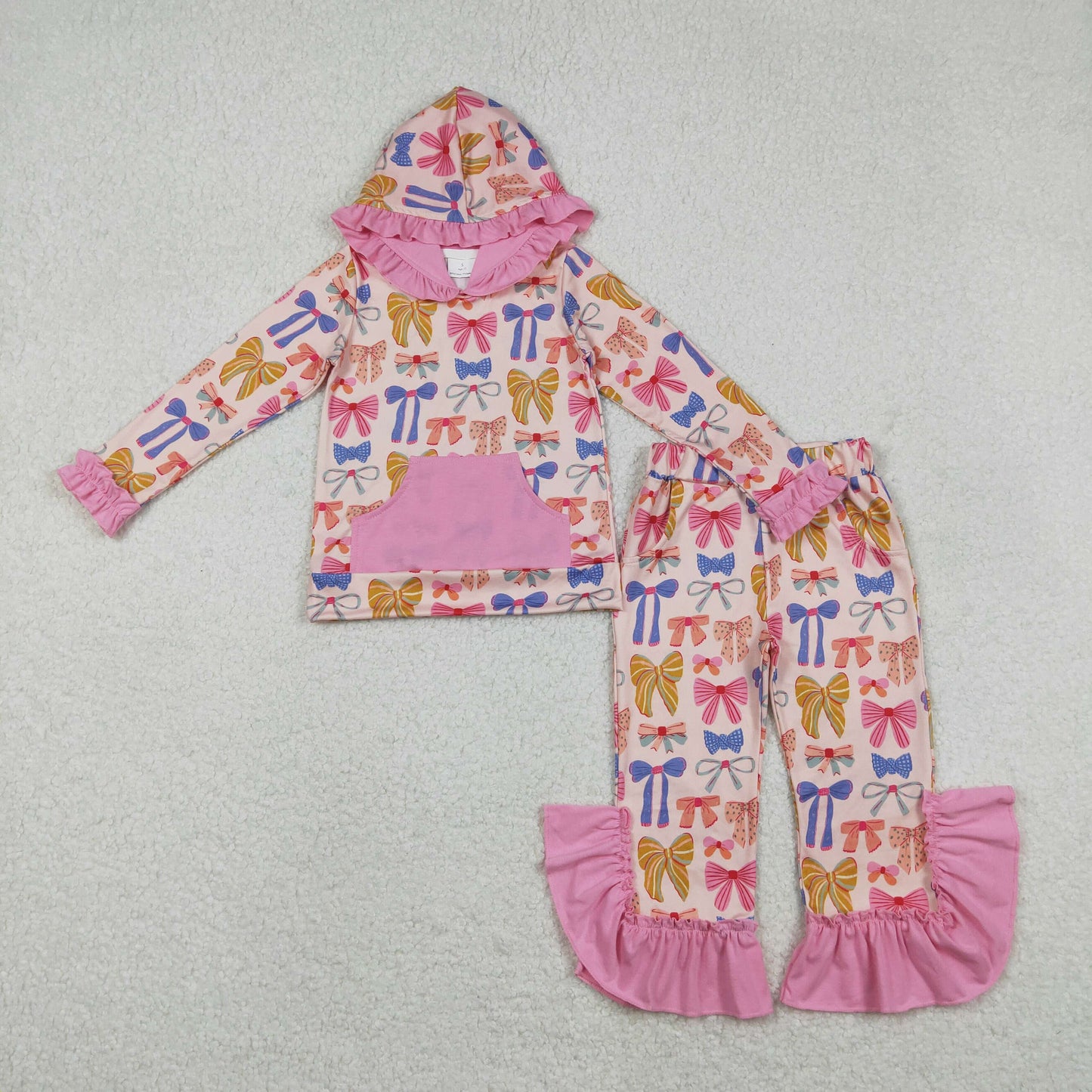 Baby Girls Colorful Bows Pockets Ruffle Hoodie Bell Bottom Pants Clothes Sets