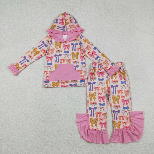 Baby Girls Colorful Bows Pockets Ruffle Hoodie Bell Bottom Pants Clothes Sets