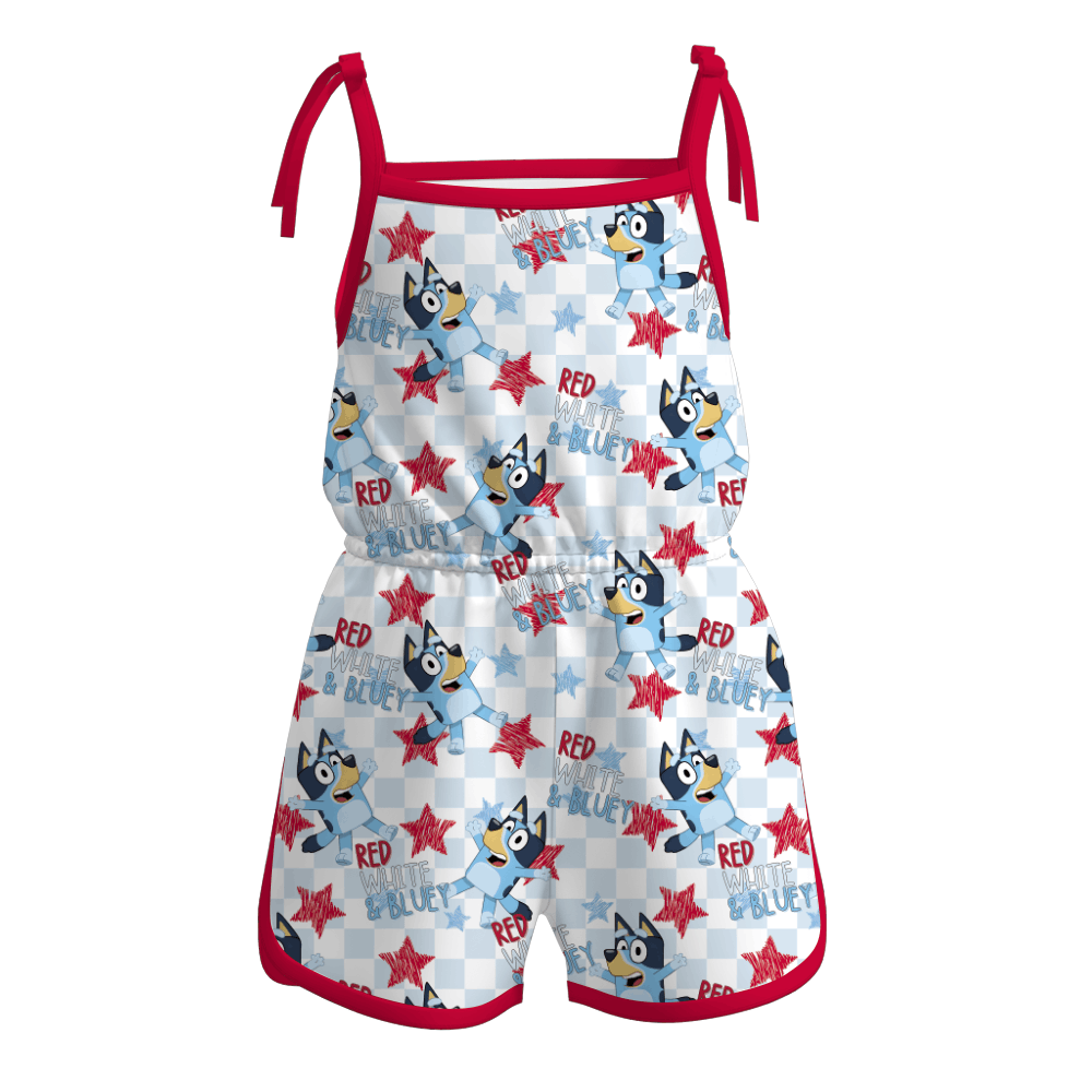 Baby Girls 4th Of July Dogs Stars Straps Summer Jumpsuits preorder(moq 5)