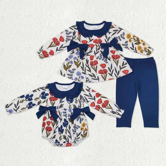 Sibling Baby Girls Navy Floral Bows Tunic Leggings Clothes Set Ruffle Romper
