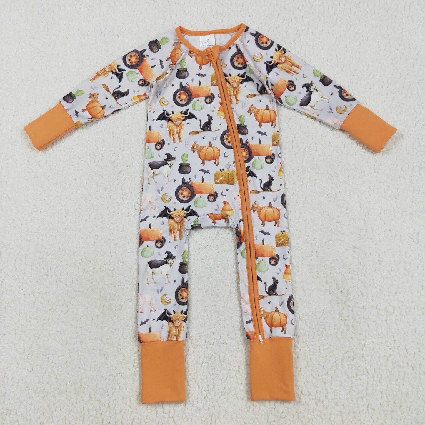 Baby Girls Farm Bats Pumpkins Halloween Zipper Footie Rompers
