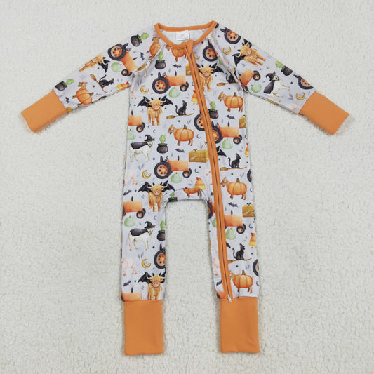 Baby Girls Farm Bats Pumpkins Halloween Zipper Footie Rompers