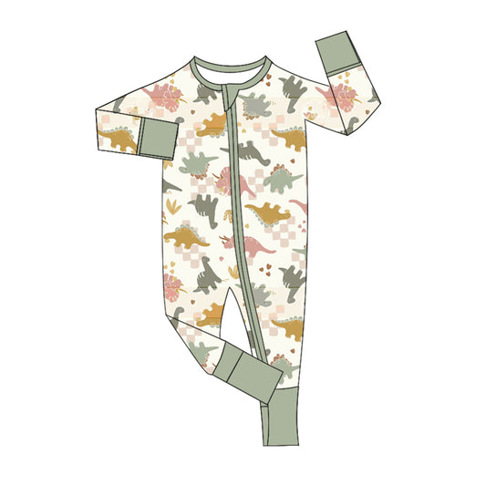 Baby Infant Boys Olive Green Dinosaurs Zip Rompers preorder(moq 5)