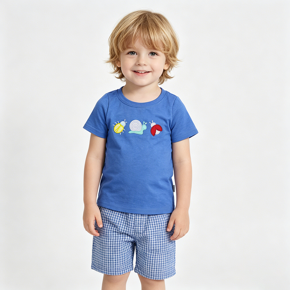 Embroidery Ladybirds Snails Baby Boys Blue Short Sleeve T-shirts Top