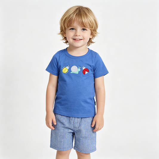Embroidery Ladybirds Snails Baby Boys Blue Short Sleeve T-shirts Top