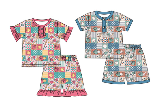 Preorder moq 5 Custom Baby Kids Short Sleeves Baseballs Plaid Button Top Short Pajamas Set