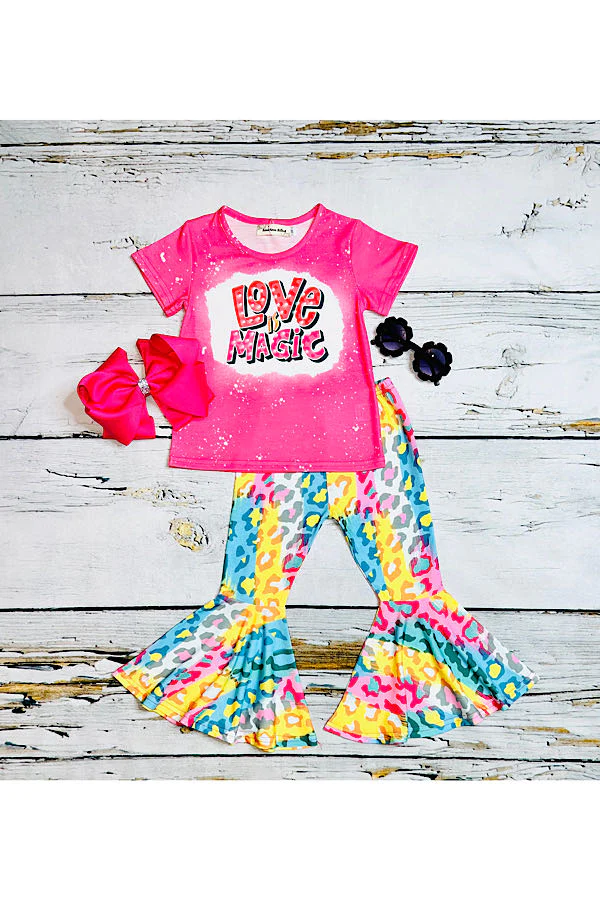 Baby Girls Love Magic Valentines Tee Shirts Leopard Pants Clothes Sets preorder(moq 5)