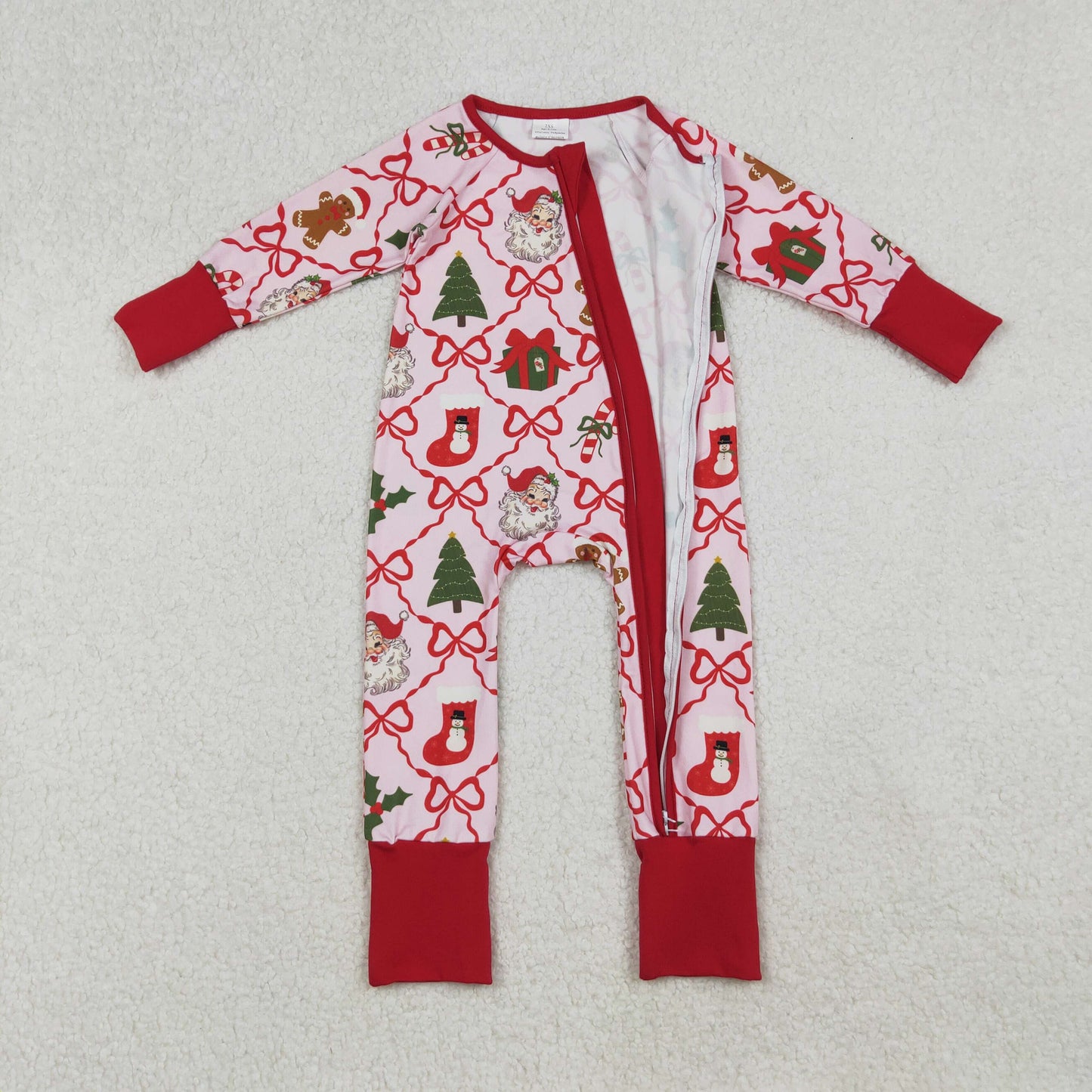 Baby Girls Red Bows Santa Gifts Checked Christmas Zipper Footie Rompers