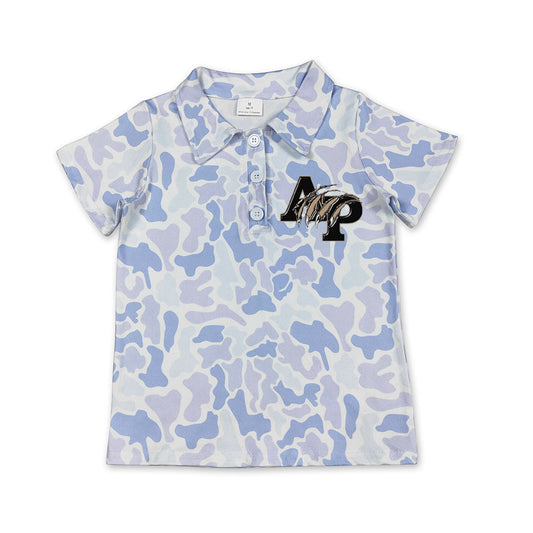 Preorder (moq 5)Baby Boys Light Blue Camo Panthers Team Button Polo Shirt Top