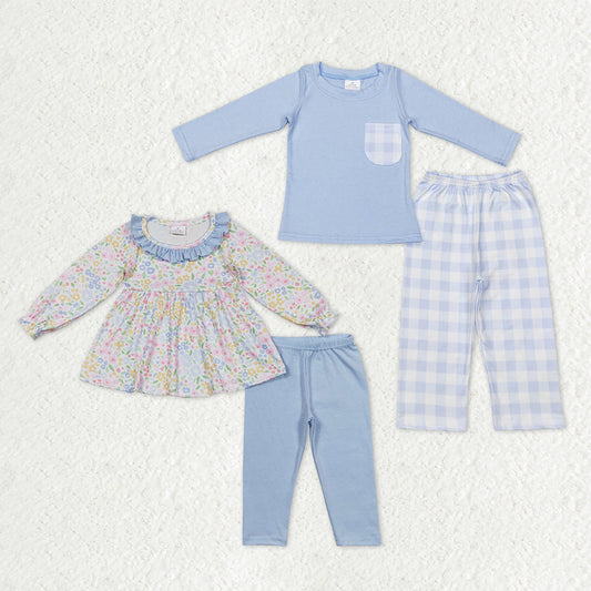 Sibling Baby Boys Girls Flowers Checked Top Pants Clothes Sets